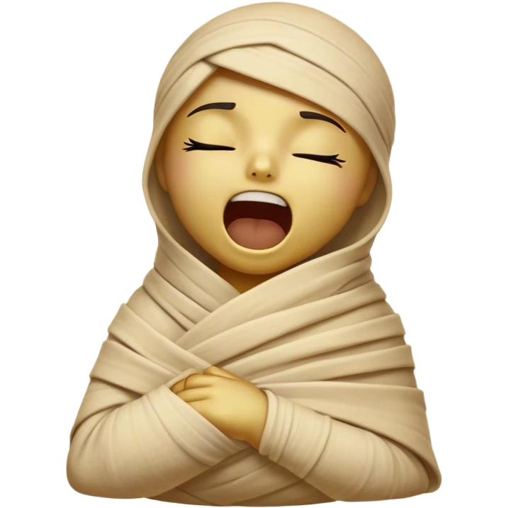 Cinematic Cute Yawning Mummy Portrait Emoji, with a snug, slightly askew bandaged form in warm, faded tones with gentle golden accents, head tilted back in a big, sleepy yawn revealing cute hints of ancient charm, simplified yet adorably detailed, glowing with a soft, nostalgic radiance and a gentle outline that captures a mummy’s tender need for rest! emoji