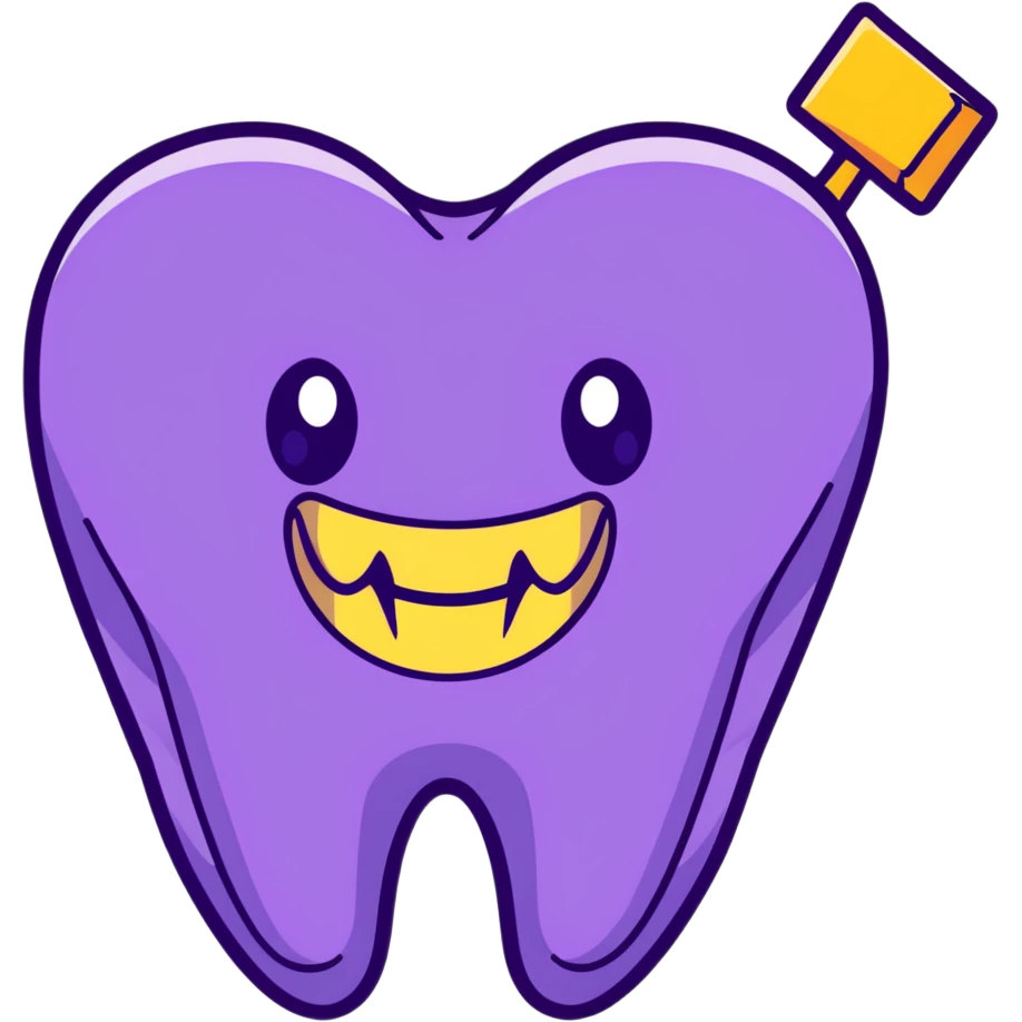 cartoon face with purple heart eyes, smiling with a tooth gap and a gold tooth on the side, brown background emoji