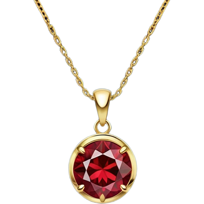 A polished round red garnet pendant suspended from a delicate gold chain, like a drop of enchanted starlight, glowing with the warmth of passion and the quiet power of transformation emoji