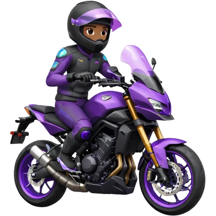Créer un emoji copiable sur mon système iOS avec une moto mt07 noir mate / violet plus foncé que tu as et iridescent. le style de la mt07 doit être en sport. Avec pilote dessus visière violet bulle de la moto violet aussi. Avec fond arrière  violet  emoji