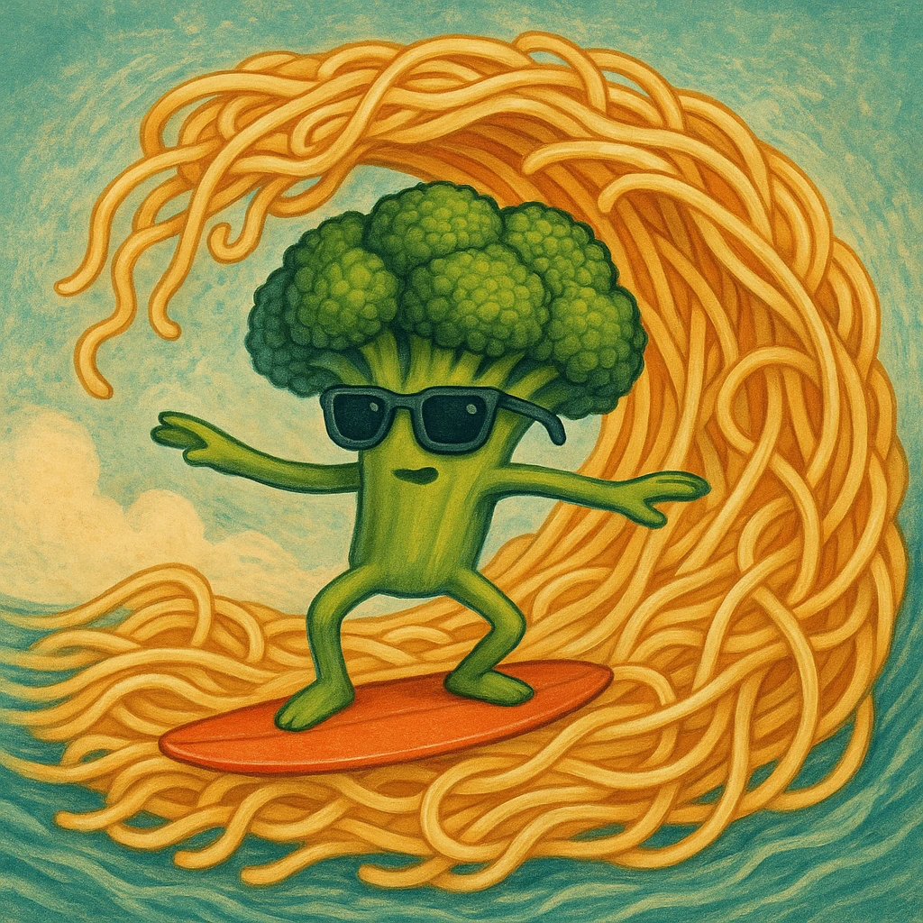 absurd surreal style broccoli with sunglasses surfing on a wave of spaghetti emoji