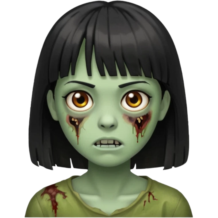 Uma zumbi com os cabelos pretos, mediano, liso e com franja, olhos castanhos emoji
