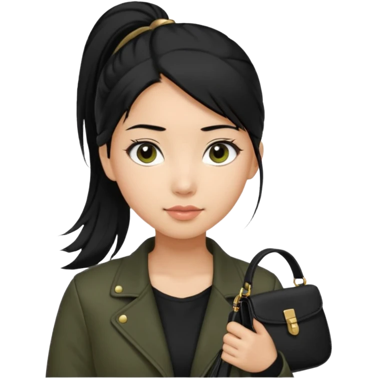 A girl with a pony tail black hair and olive skin, Asian eyes, with a black jacket and a black purse  emoji