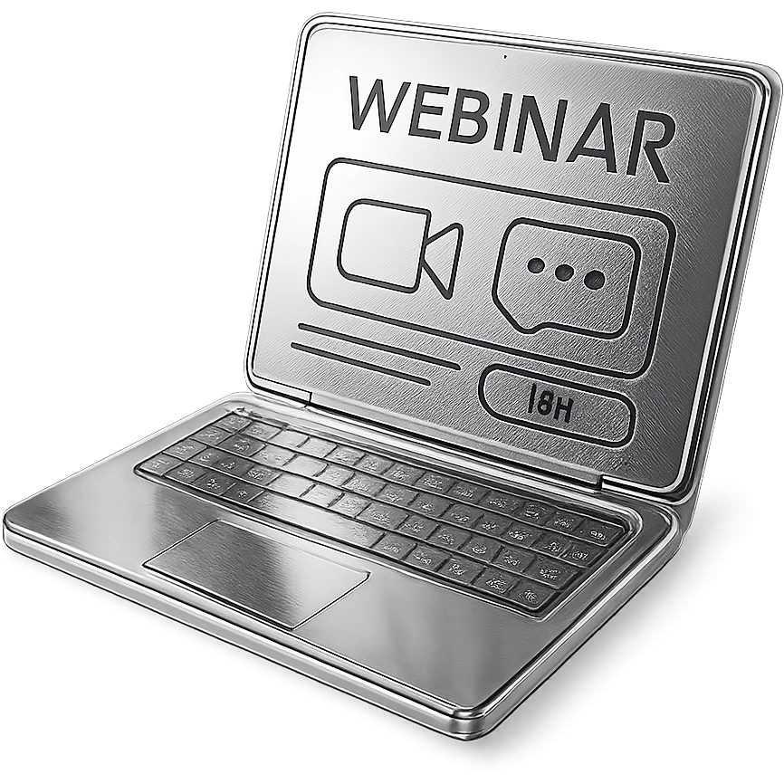 stylized chrome laptop with a webinar interface on the screen, futuristic and shiny emoji