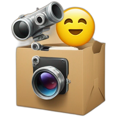 Video icons, movie camera, film, play, logos, likes, thumbs up, marks, views, coverage, applause fly out of a Cardboard box emoji
