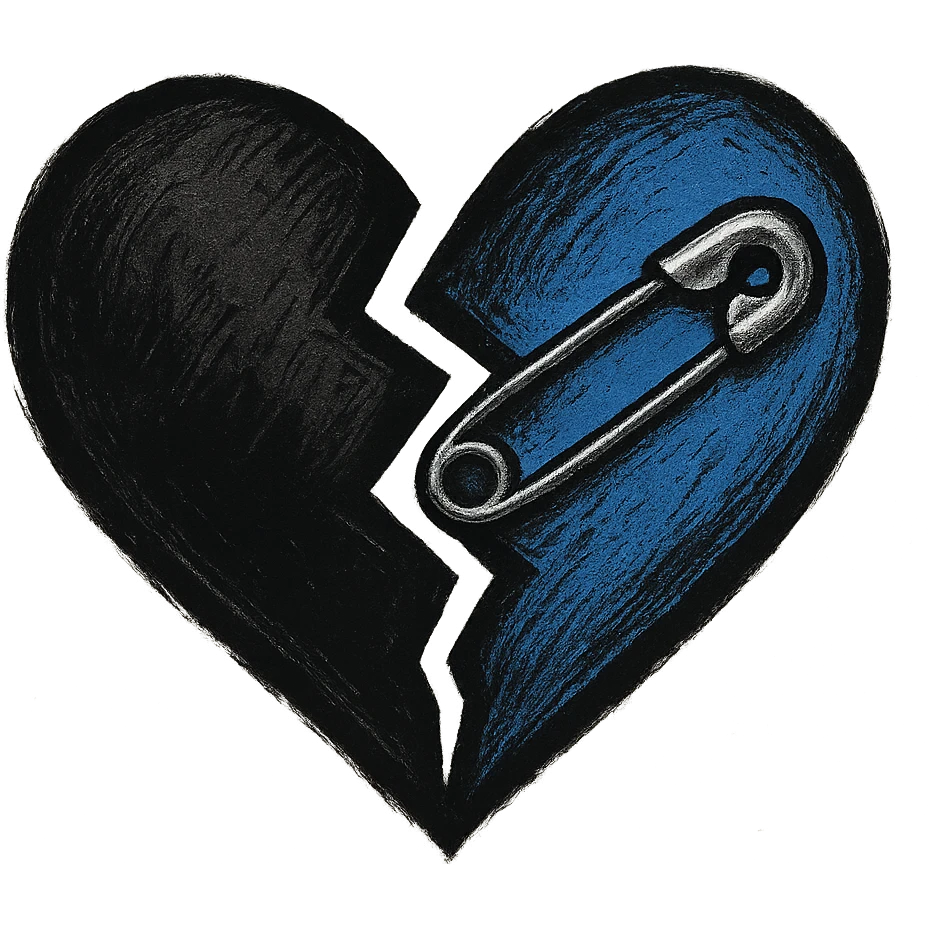 emo emoji, jagged heart, black and blue, small safety pin, modern emo aesthetic emoji