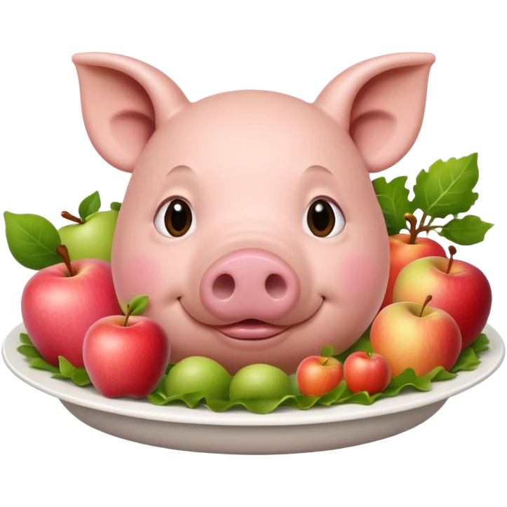 A pig nested over a white dish with an apple on his mouth, rounded by vegetables. No human expression emoji