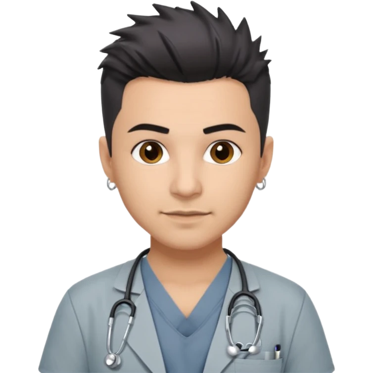 Dr. Efrén Rivera Santiago, a doctor with short spiked hair, gray scrubs, tattoos, and hook earrings, exudes professionalism and warmth. emoji
