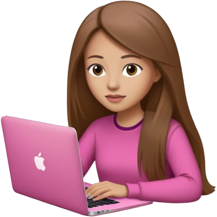 Mujer lacia peli larga y peli larga  en una MacBook rosa investigando y haciendo tareas con un libro de apuntes y con cara muy linda como modelo emoji