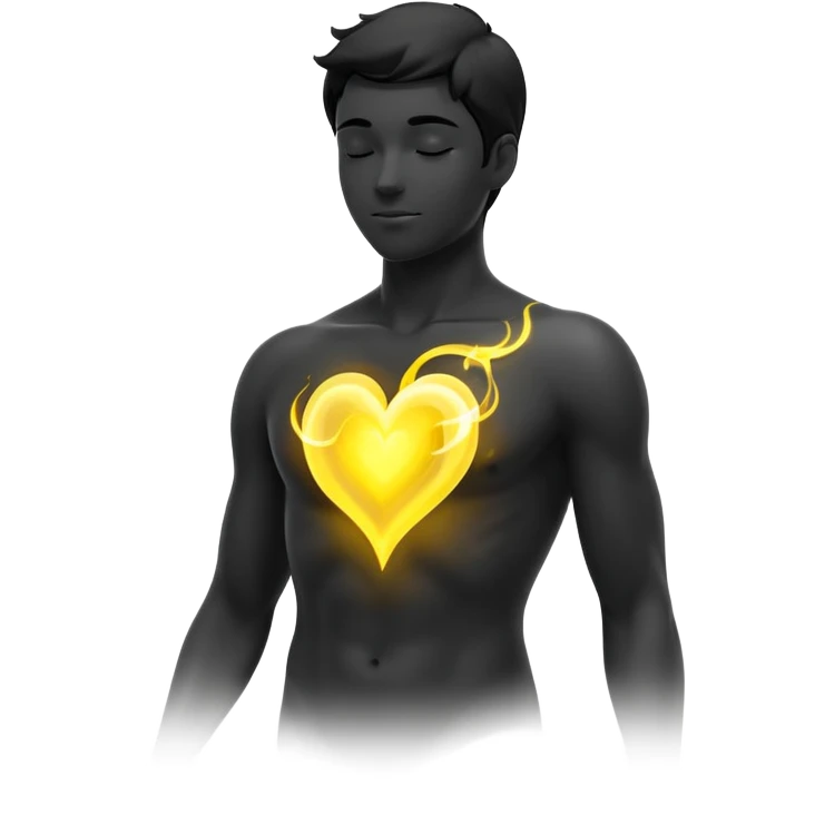 minimalist b&w male silhouette with flowing black-and-white curves across the lower body, now overlaid with a small, softly glowing spark or radiant light near the chest or head — heart symbolizing inspiration, inner fire, and creative energy awakening” yellow glow emoji