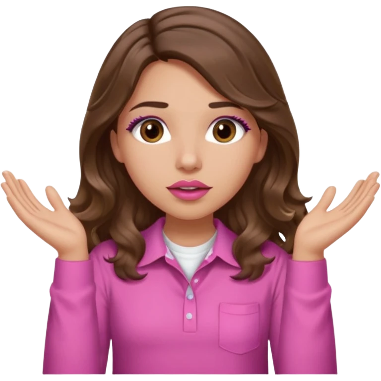 girl with long wavy brown hair, brown eyes, light to medium complexion, in a pink shirt, pink lips, long lashes, puckered lips, both hands all the way up for worship emoji