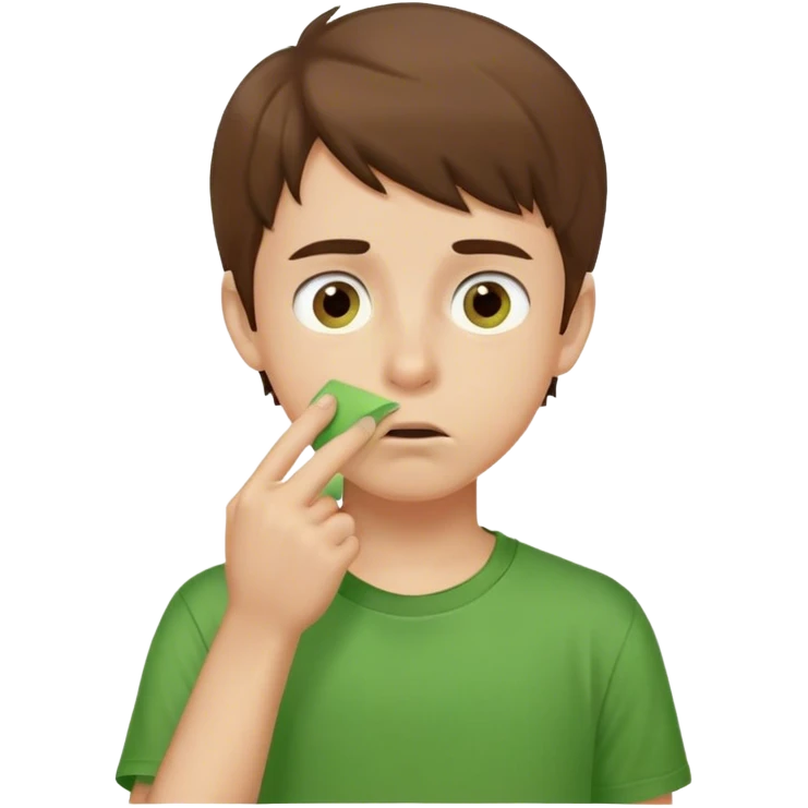 fair skin brown haired boy picking his nose with single figure brown eyes green t shirt emoji
