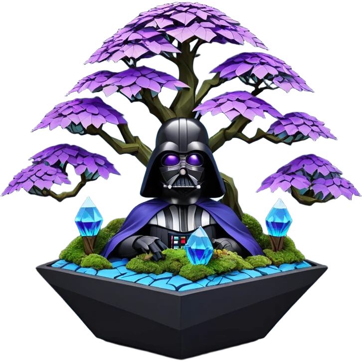 Futuristic wild glowing alien moss maples Bonsai hair-fine-leaf group multi faceted intricate crystal boxwood Darth Vader purple rose blue informal rocky cliffhanger eight trees forest planting in shallow origami slab style pot with big anthropomorphic feet  emoji