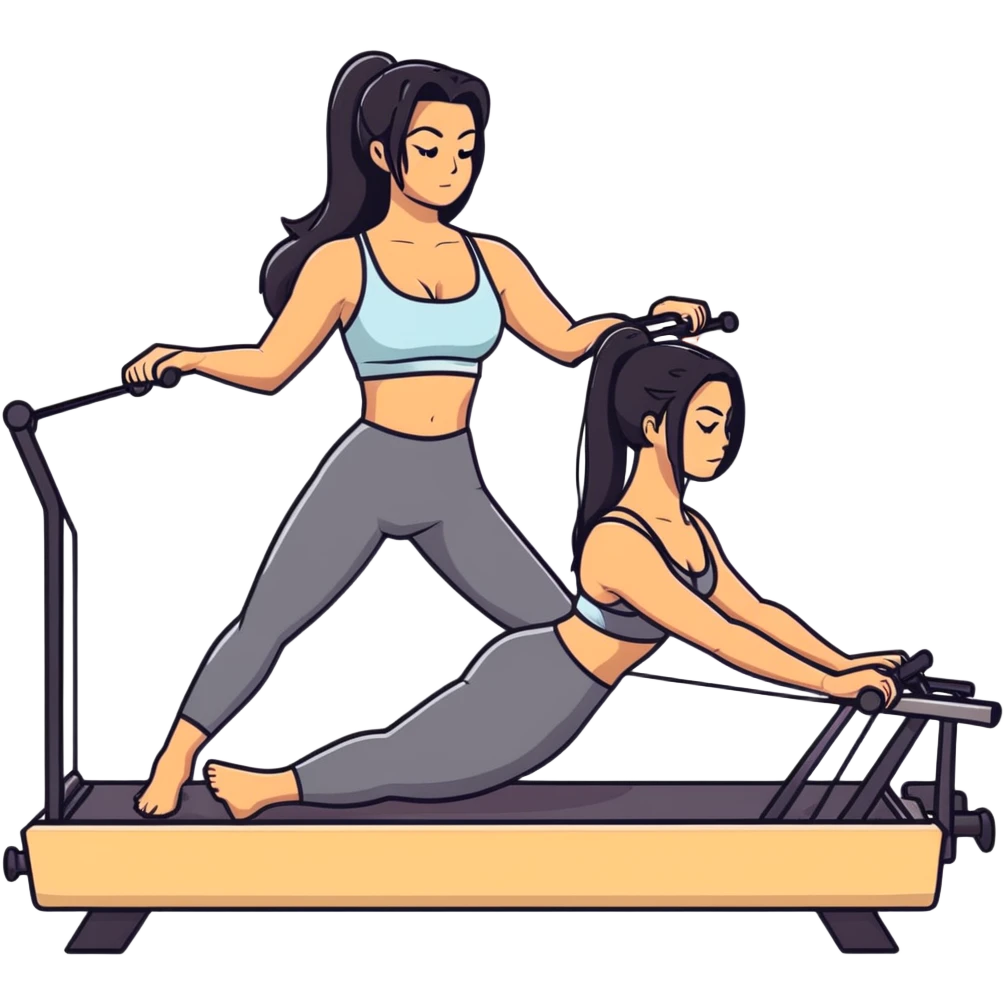 woman with bra, tanned long black hair, doing Pilates reformer emoji