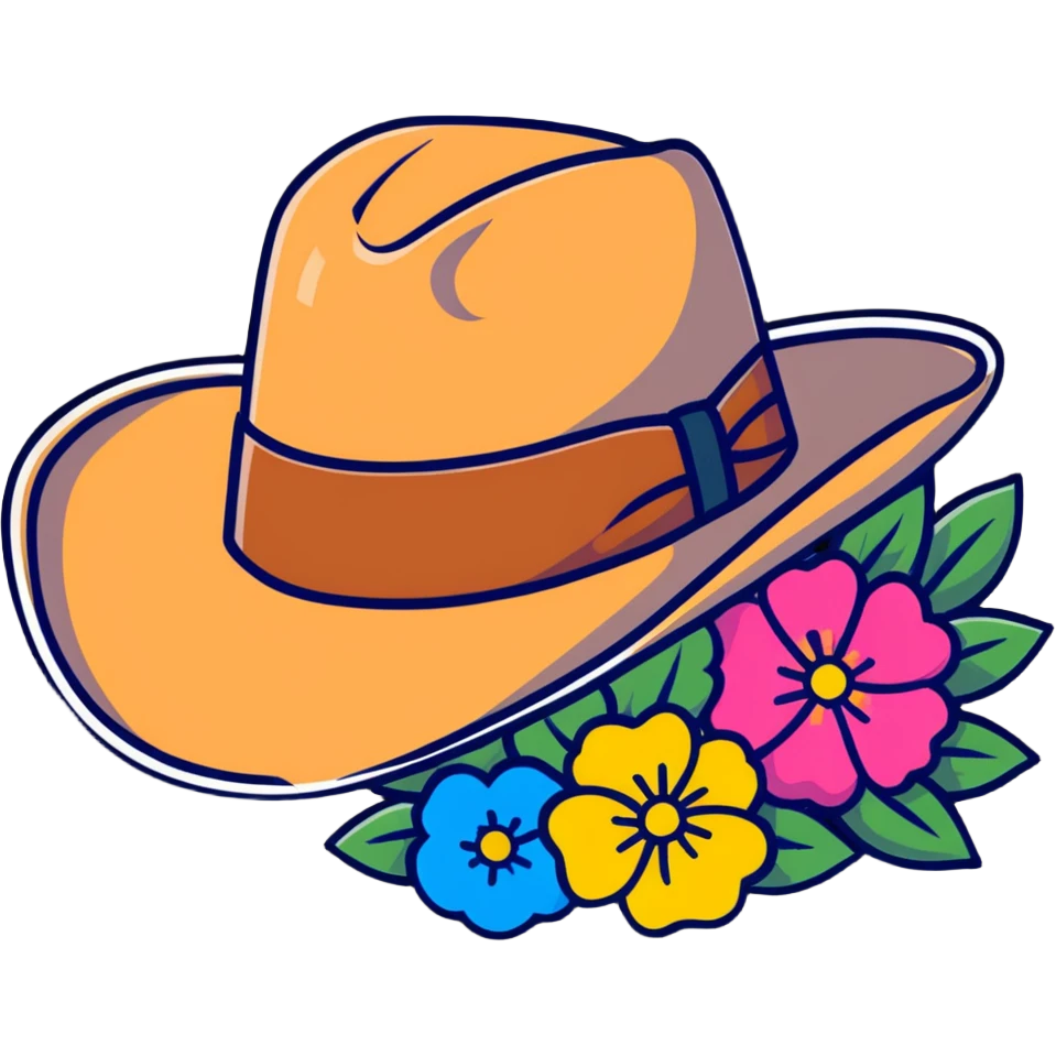 Cowgirl hat with wildflowers, colorful floral arrangement on a tan cowboy hat emoji