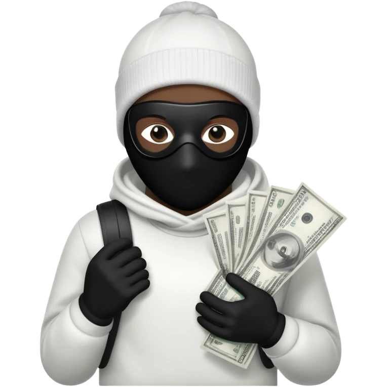Ski mask holding money bag with black skin color black and white money bag emoji