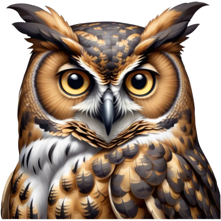 Cinematic Noble Great Horned Owl Portrait Emoji, Poised and regal, with a commanding, broad build and a richly mottled plumage of grays, whites, and subtle browns, deep-set soulful golden eyes, Simplified yet sharp and sophisticated features, highly detailed, glowing with a soft, dignified glow, high shine, intelligent and enigmatic, stylized with an air of nocturnal majesty, focused and attentive, soft glowing outline, capturing the essence of a watchful and confident raptor, so majestic it feels as though it could silently swoop out of the screen with effortless authority! emoji