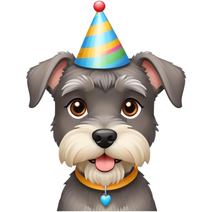 A schnauzer dog wearing a colorful birthday hat emoji