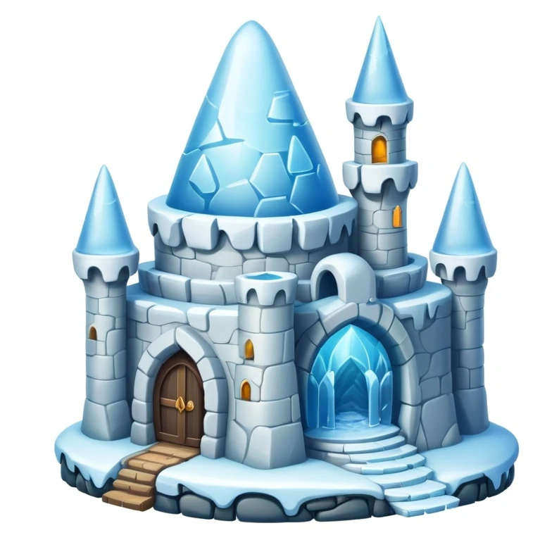 Ice castle wizard tower home for a penguin, magical igloo with spell books and potions emoji