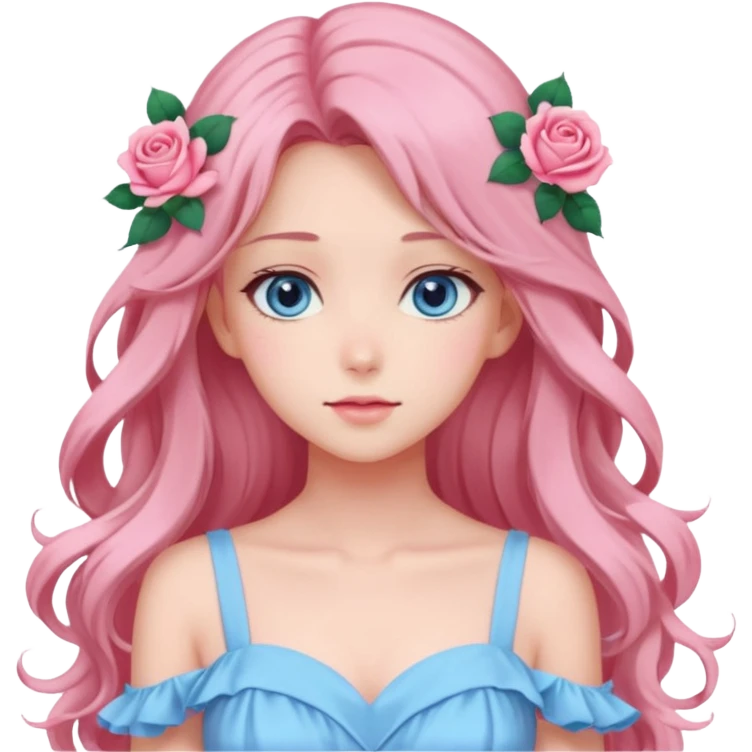 Gorgeous pastel anime lady with roses in long hair and pink dress with blue eyes emoji