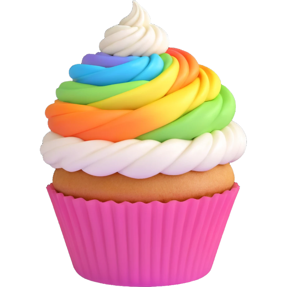 cupcake with rainbow layers and white icing emoji