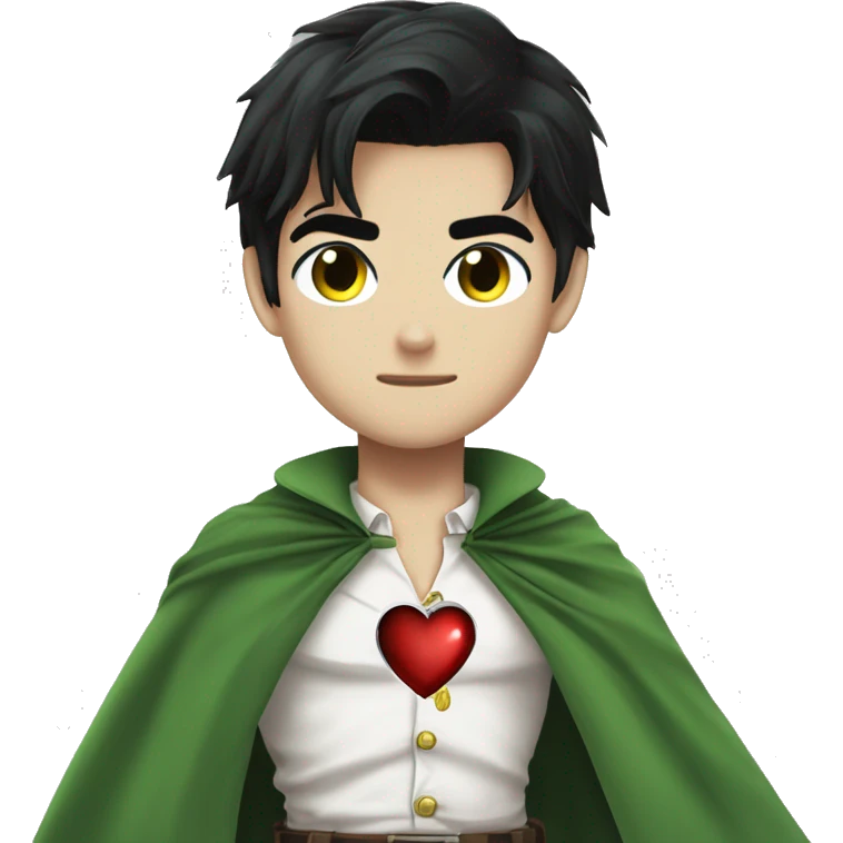 captain levi attack on titans emo black hair holding a cute heart wearing a white button down shirt and a green cape emoji