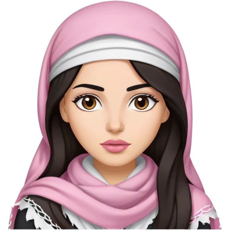 A woman with long, dark hair wears white keffiyeh, giving her a graceful and cultural look. Her makeup is well-done, with defined eyebrows and soft pink lips, enhancing her striking features. The dim lighting and blurred background create a warm, intimate atmosphere. emoji