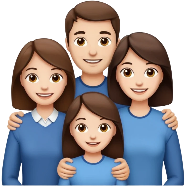 happy pale white  four person family with one brown hair dad, one brown hair mom, one dark brown girl, and one brown hair girl emoji