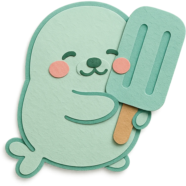 chibi refrigerator-seal hybrid, hugging a popsicle, blushing, soft mint palette, full-body emoji