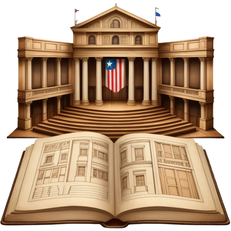 Open antique book with clearly visible detailed stage design sketches spread across both pages, showing theater elevation drawings and floor plans, Puerto Rican flag colors in the sketches, wooden bookmark emoji