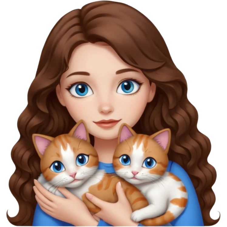girl with long wavy brown hair, blue eyes, long lashes makeup, cuddling with 6 cute cats emoji