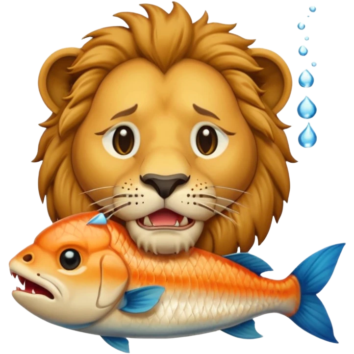  A lion eating a fish, feeling sad, cry, portrait, bust up emoji