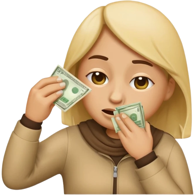 emoji character wiping its nose with a stack of money, expressive face emoji