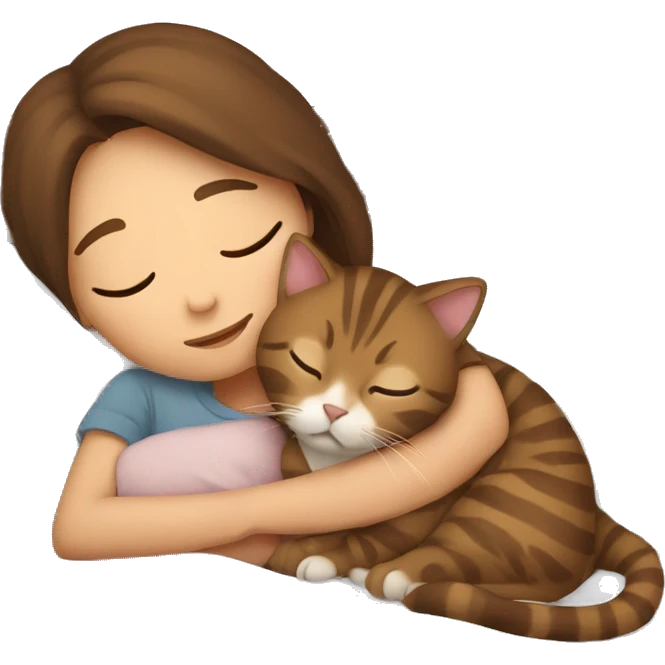 brown haired girl sleeping with tabby brown cat in bed emoji