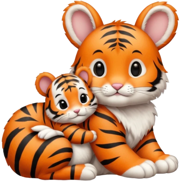 Baby bunny cuddling next to baby tiger emoji