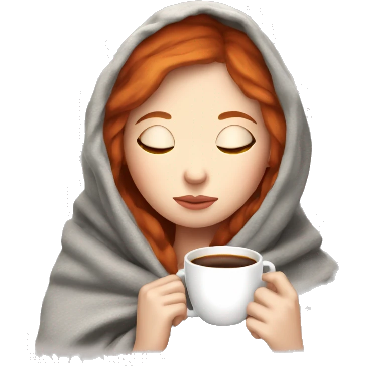 girl inside a blanket sipping coffee eyes closed pale skin red hair emoji