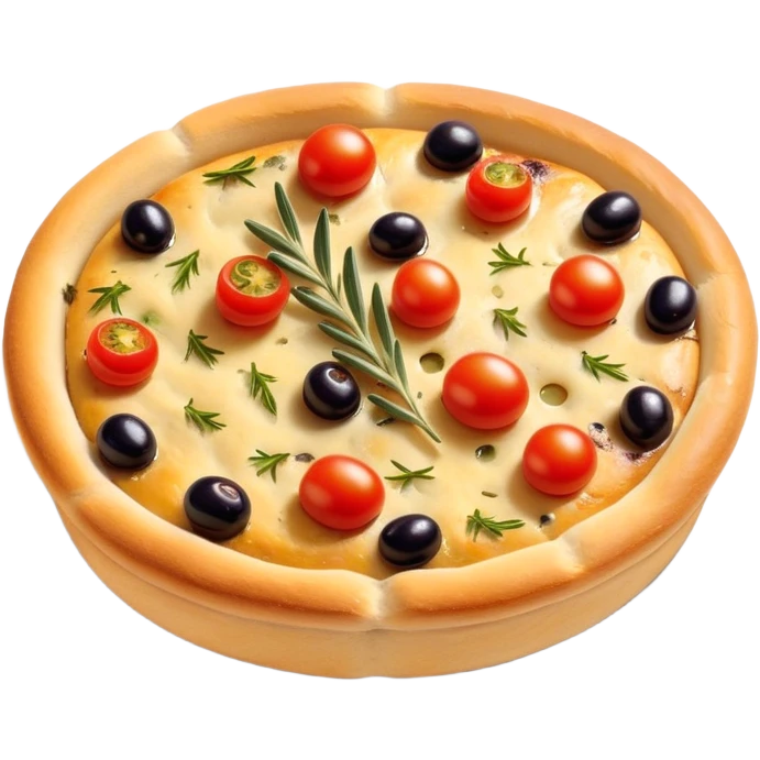 cinematic-realistic-isometric focaccia-bread-dish-emoji,-depicted-as-a-golden,-olive-oil-brushed-flatbread-sprinkled-with-herbs-rendered-with-lifelike-texture-and-soft,-appetizing-lighting showing olives on top and the cherry tomatoes emoji