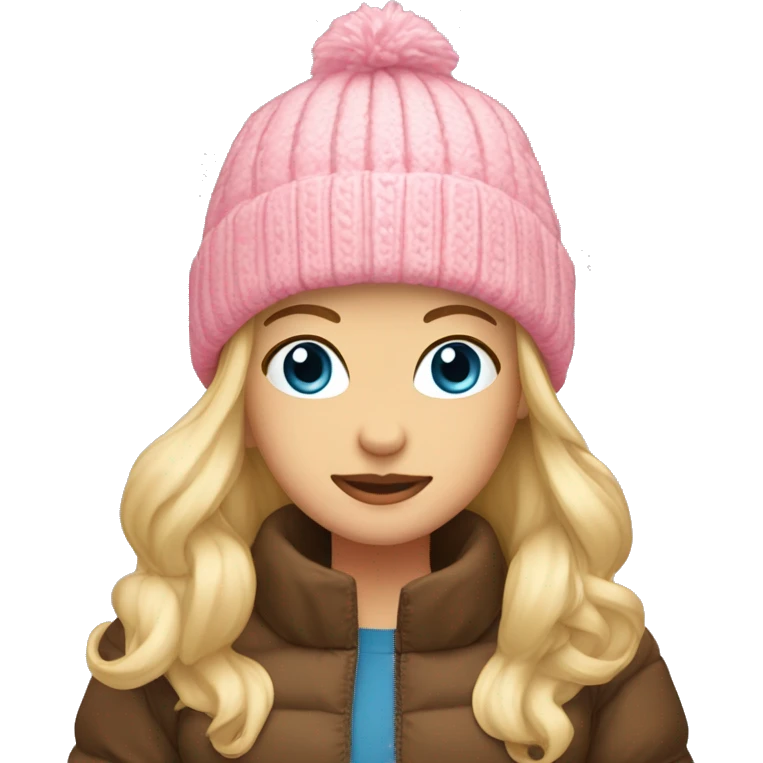 Blond girl blue eyes brown puffer jacket pink nitted beanie  emoji