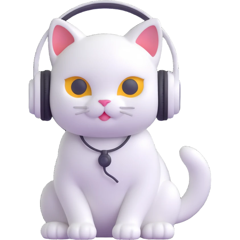 white cat wearing headphones, simple, cute emoji