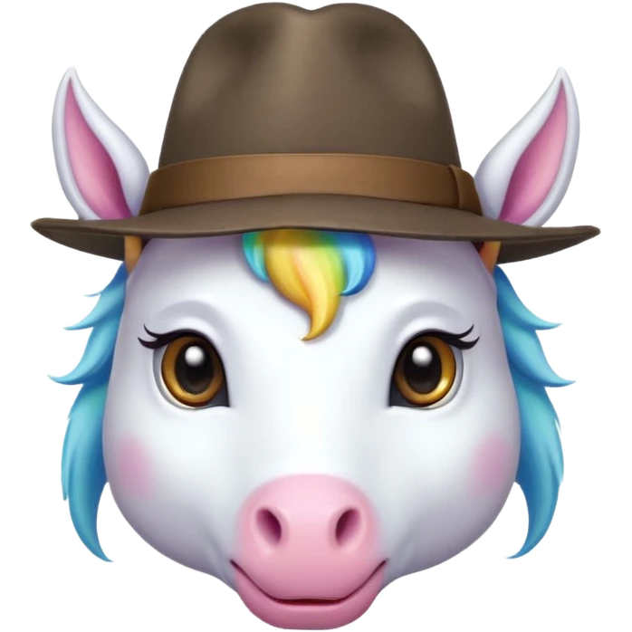 unicorn face cute wearing fedora, horn piercing through the hat looking in the camera emoji