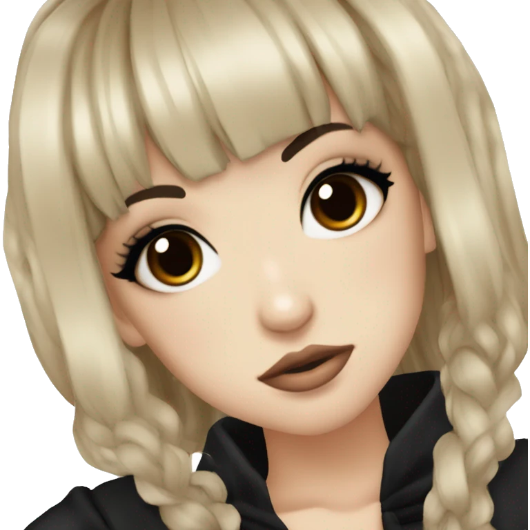 hime gyaru girl, tattoos, pale skin with brown eyes and black hair with bangs, dark makeup, black shirt emoji