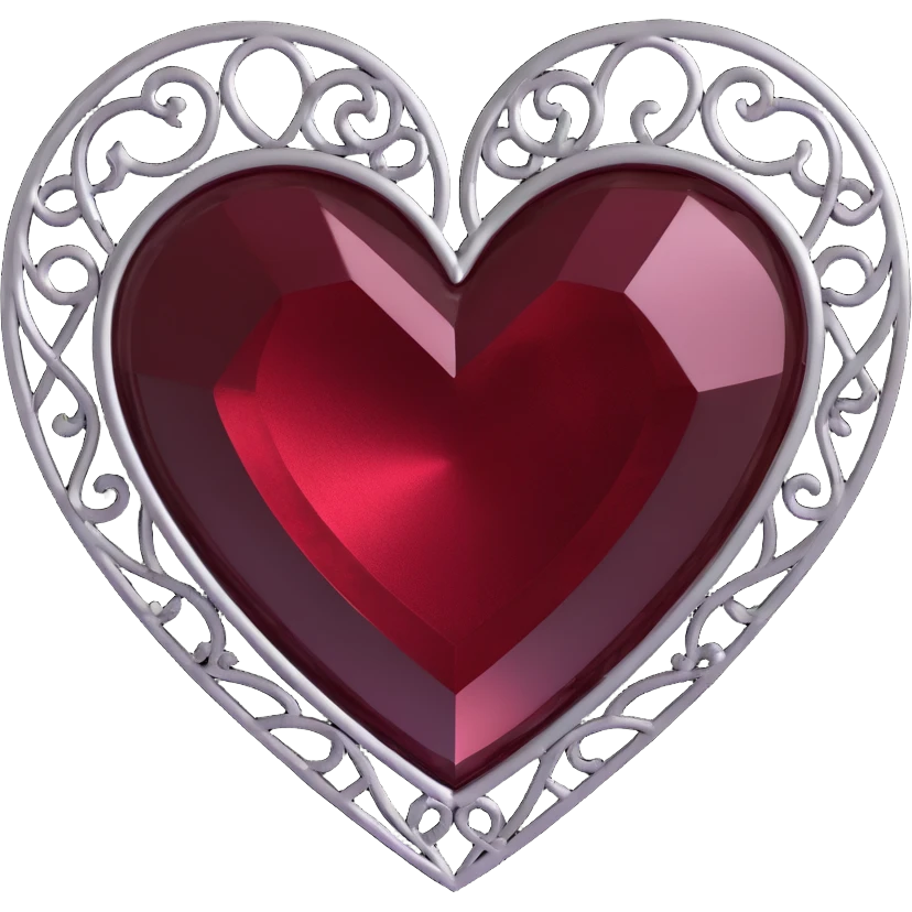 3D emoji style heart, black velvet texture, silver filigree details, deep red gemstone center, gothic and ornate emoji