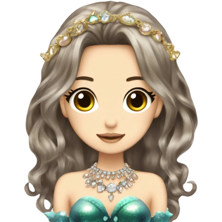 mermaid hime gyaru girl, dark brown hair, jewerly emoji