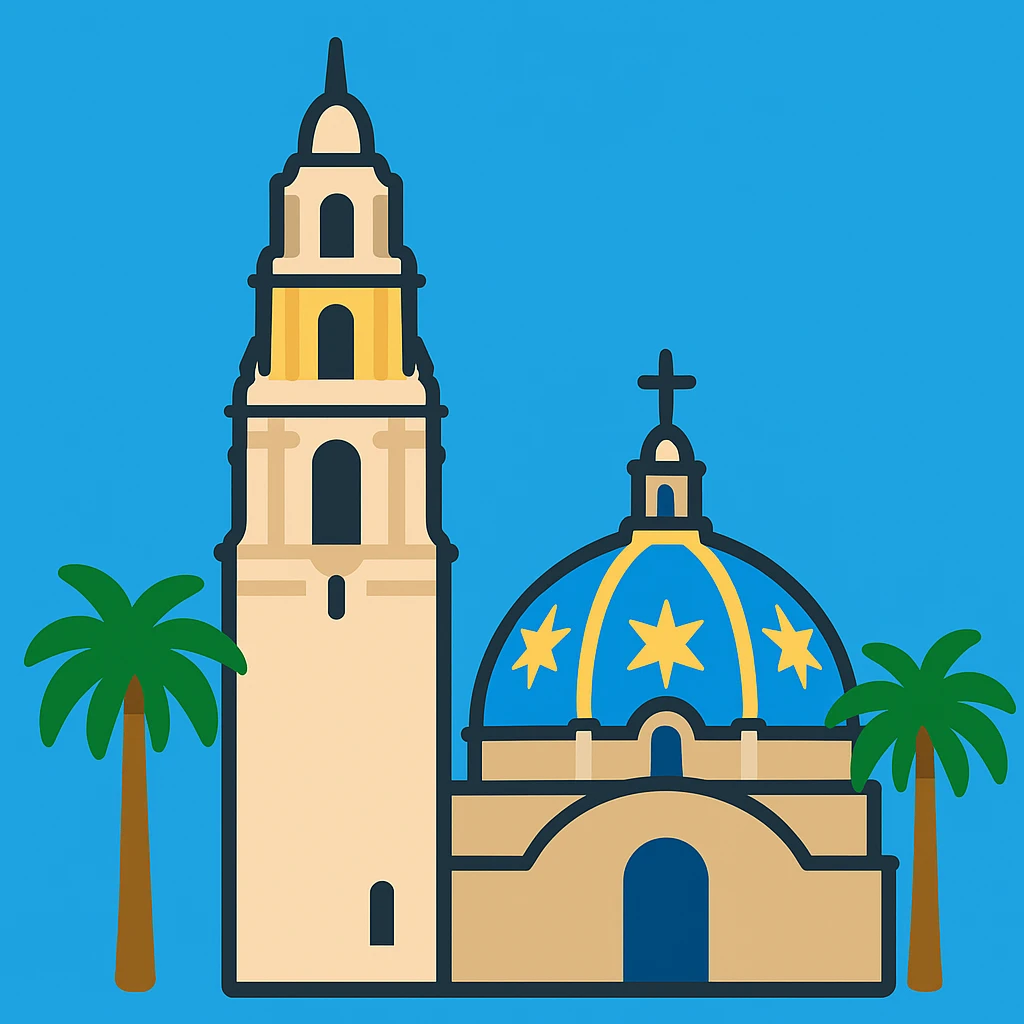 Add palm trees to the apple-style emoji of the California Tower in San Diego, keeping the blue sky background and simplified emoji style. Maintain the look of an apple style emoji with clear, simple shapes and colors. emoji