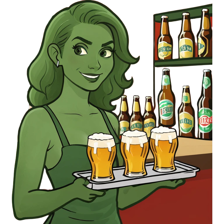 Female brunette bartender carrying a tray full of beers emoji