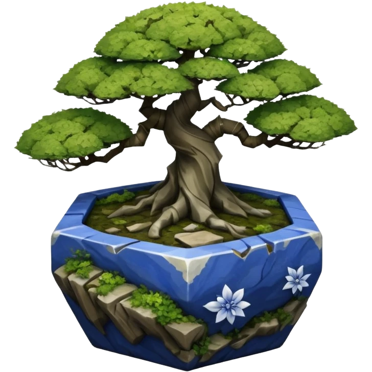 Japanese very old broken intricate Stone Age rocky-crusted dodecahedron-shaped shallow dark moss rough bark blue willow flower maple tree bonsai pot emoji