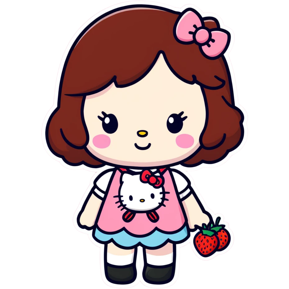 Strawberry shortcake hello kitty girl with dark brown hair and freckles  emoji