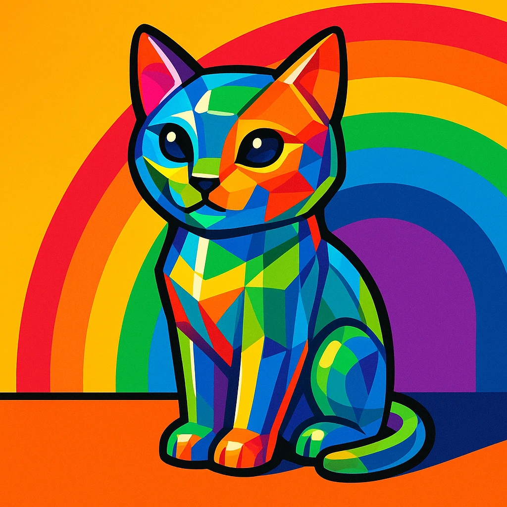3D glass statue of a cat with rainbow colors in the background emoji