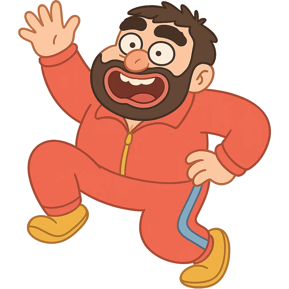 Make Recep İvedik in a much funnier pose with an exaggerated facial expression, wearing a red tracksuit, no background, in pastel toon style. emoji