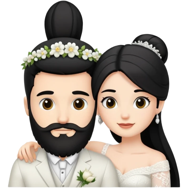 couple of newlyweds hugging, white skin man with black hair and beard; white skin woman with long black hair and black eyes emoji